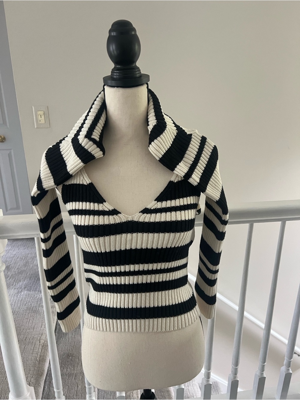Maeve Black and White Striped two piece Ribbed V-Neck Sweater.